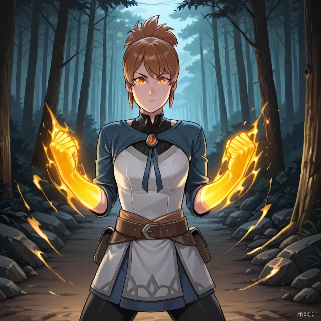 1girl, Marci <lora:Marci Illustrious:1>, fighting pose, glowing fists, woods