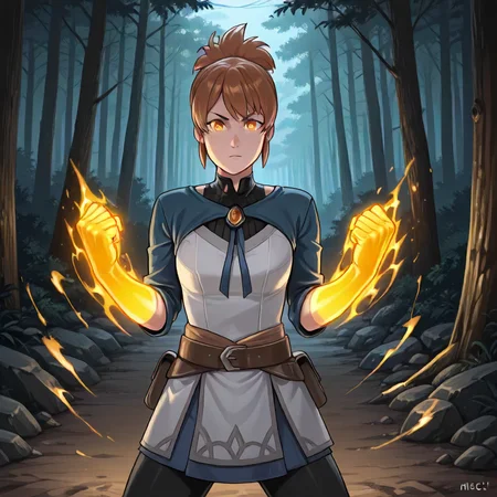 1girl, Marci <lora:Marci Illustrious:1>, fighting pose, glowing fists, woods