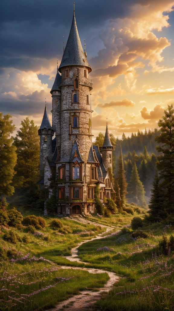 realistic analog photo, award winning photo,
 <lora:Wizard_Tower:0.75> witow, castle, cloud, cloudy sky, grass, no humans, scenery, sky, tower, tree, <lora:Fantasy_Mountains:0.75> fanmou, footprints, forest, grass, nature, no humans, outdoors, sky, tree,
RAW, highres, 8k, uhd, High Dynamic Range, tonemapping, crisp details,