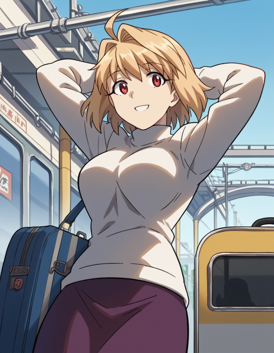score_9, score_8_up, score_7_up, source_anime, <lora:carnivalphantasm-arcueid-brunestud-ova-ponyxl-lora-nochekaiser:1>, arcueid brunestud, blonde hair, red eyes, short hair, ahoge, large breasts,, long skirt, purple skirt, skirt, sweater, turtleneck, white sweater,, train station, waiting for train, suitcase, traveling, commute, city skyline, hands behind back,, smile, , hands behind head,, solo,, dutch angle, cowboy shot