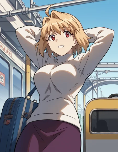 score_9, score_8_up, score_7_up, source_anime, <lora:carnivalphantasm-arcueid-brunestud-ova-ponyxl-lora-nochekaiser:1>, arcueid brunestud, blonde hair, red eyes, short hair, ahoge, large breasts,, long skirt, purple skirt, skirt, sweater, turtleneck, white sweater,, train station, waiting for train, suitcase, traveling, commute, city skyline, hands behind back,, smile, , hands behind head,, solo,, dutch angle, cowboy shot