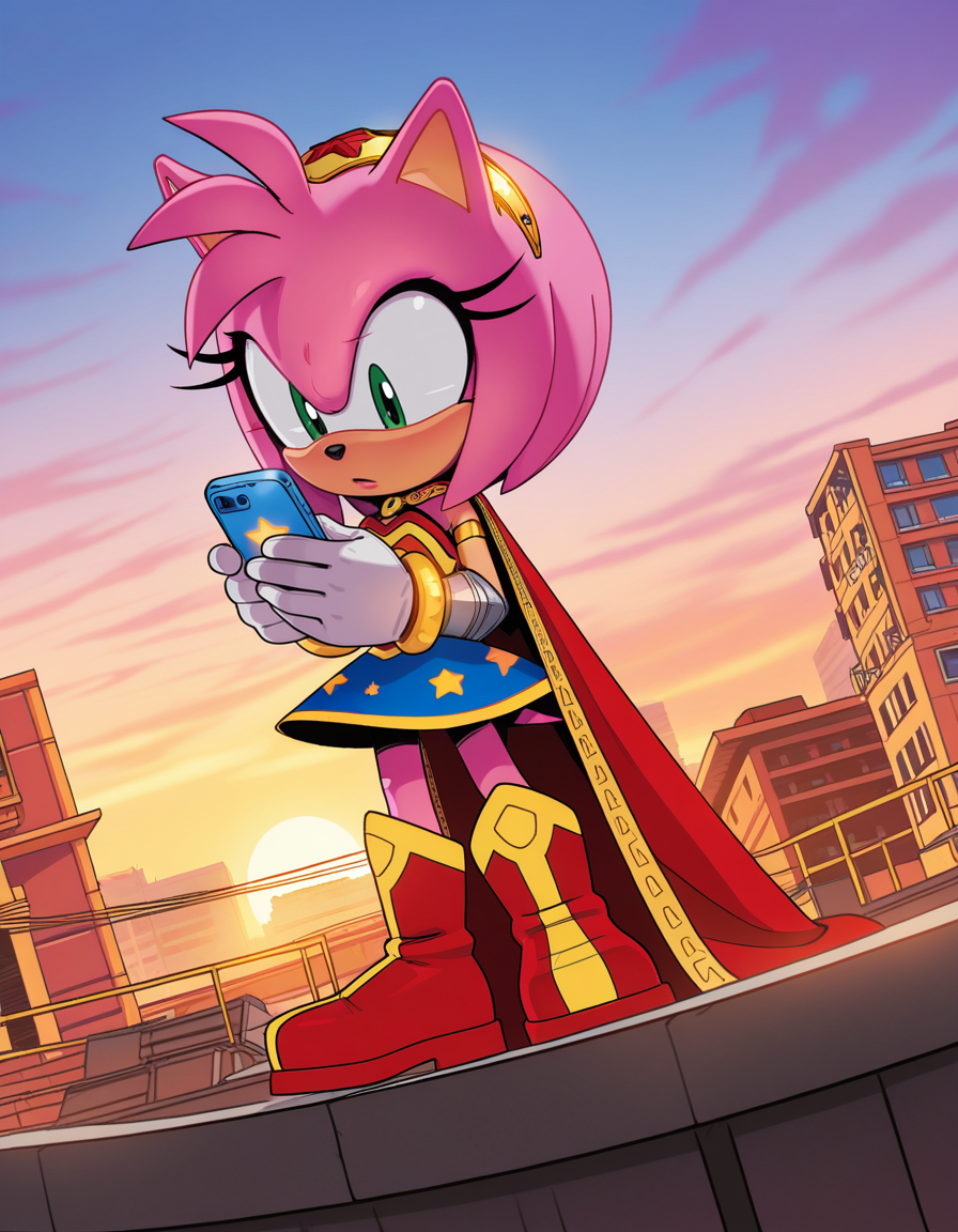 1girl, solo, no humans, petite, official art,
<lora:WonderAmy_v1:1> wonderamy, alternate costume, amy rose, gold trim, red cape, white gloves, bracer, gold hairband, blue skirt, sleeveless, breastplate, armored boots, star \(symbol\), star print, bare shoulders, armlet, miniskirt, gold brooch, brooch, red shirt, gold bracelet, tail through clothes,
(medium shot), chatting on a smartphone, detailed face, located in an urban scene at a bustling construction site during early morning with clear sky weather, illuminated by sunset hues, creating a trendy,hectic atmosphere, extremely detailed, highres, masterpiece, best quality