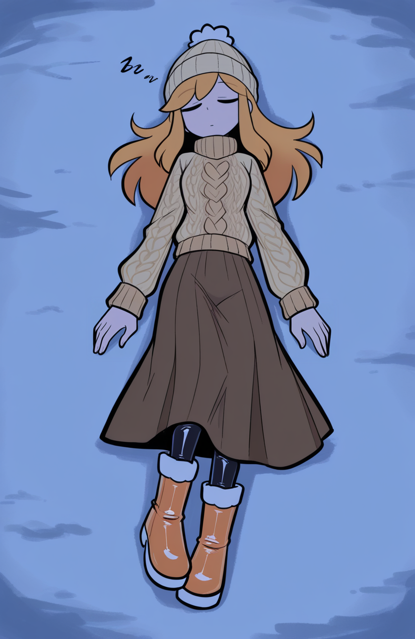 1girl, solo, latex, winter outfit, knit sweater, long skirt, pantyhose, snow boots, beanie, lying, relaxed, arms at side, blissful gaze, near sleep,
 <lora:qqLettuce:0.8> qqlttc, pear butter \(mlp\) , extremely detailed, highres, masterpiece, best quality