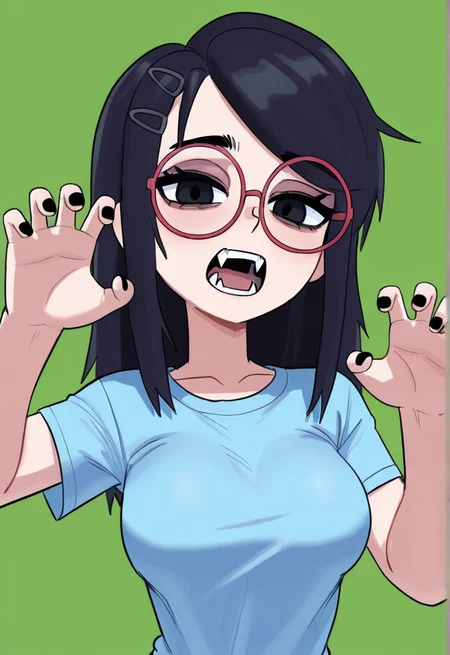 purcubo, 1girl, solo, glasses, shirt, black hair, hair ornament, hairclip, black nails, open mouth, short sleeves, breasts, nail polish, looking at viewer, upper body, t-shirt, blue shirt, claw pose, long hair, fangs, teeth, black eyes, round eyewear,
 <lora:Purcubo:1>, masterpiece, best quality, amazing quality, very aesthetic, absurdres,  newest,