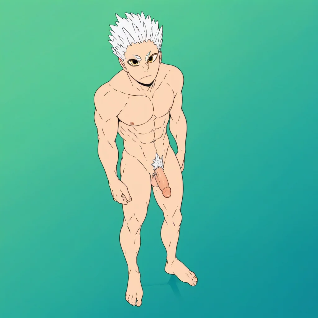 Hoshiumi, 1boy, male focus, solo, white hair, yellow eyes, grey hair, pubic hair, completely nude, abs, penis, balls, standing, hard penis, score_9, score_8_up, score_7_up, score_6_up <lora:vinceteaa_020_04v2-step00000400r:1> good face, good eyes, looking at viewer, full body, standing,