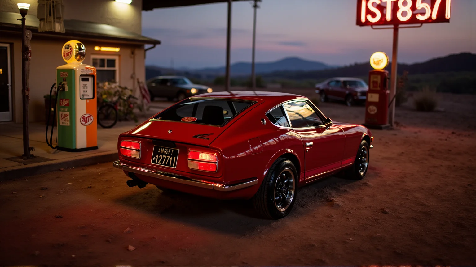 At a retro gas station illuminated by warm, nostalgic lighting, a 1972 Nissan Datsun 240Z Fairlady in bright cherry red awaits under the glow of a classic neon sign. Its round tail lights reflect the soft amber light from the station canopy. A vintage gas pump stands nearby, painted in faded pastel colors, complementing the carâs vibrant hue. Behind the car, rolling hills fade into the evening twilight, completing the timeless, idyllic scene
<lora:ral-nssndtsn_000001000:1>