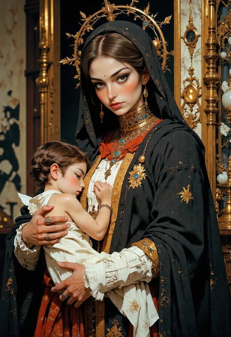 8k HD, ultra realistic,(maximum ultra high definition image quality and rendering:3), maximum image detail, maximum realistic render,Dreamy sense of space,Byzantine Pieta scene rendered with classic gold leaf background,(depth of field:1.2),
A sorrowful yet divine scene of a grieving mother cradling her lifeless son in her arms, inspired by Michelangelo's PietÃ . The mother's face is filled with overwhelming sadness and sacred devotion, her eyes glistening with unshed tears. The sonâs body is serene and ethereal, exuding a quiet holiness despite his suffering. Soft, golden light gently illuminates them, casting a celestial glow that enhances the divine sorrow of the moment. The fabric of the motherâs robe flows gracefully, symbolizing both mourning and grace. The background is subtly blurred, evoking a sense of heavenâs presence, as if angels are silently watching over them. The atmosphere is heavy with grief yet touched by the divine, capturing the eternal love and sacrifice in an awe-inspiring, Renaissance-style composition.A son in a deep sleep,
<lora:Synesthesia:0.2> <lora:Niji V2B:0.8>  <lora:yfg-asak-v1:0.7> ,YFG-Asak, <lora:FluxMythP0rtr4itStyle:0.6> ,mythp0rt,  <lora:RM_Baroque_Cyberpunk_v0.8M:0.6> ,BaroCybPnk,baroque,cyberpunk,futuristic, <lora:hand 4:0.1> Hand,detailed,perfect,perfection,hands,  <lora:flux.1_lora_flyway_Epic-Characters_v1:0.2> <lora:Anime Art V3:0.3> ,Anime art,