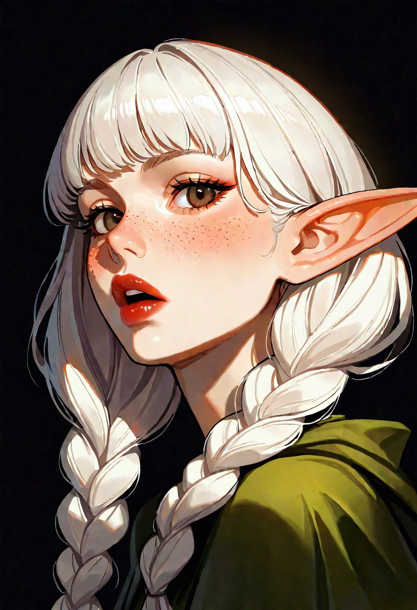 masterpiece, best quality, good quality, very aesthetic, absurdres, newest, elf \(dragon's crown\), dragon's crown, 1girl, brown eyes, long hair, white hair, twin braids, elf, solo,  looking at viewer, blush, open mouth, dress, upper body, parted lips, teeth, from side, looking to the side, lips, head tilt, upper teeth only, shadow, black background, portrait, freckles, realistic, red lips, headdress, photorealistic