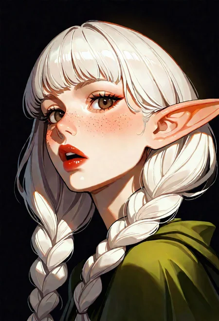masterpiece, best quality, good quality, very aesthetic, absurdres, newest, elf \(dragon's crown\), dragon's crown, 1girl, brown eyes, long hair, white hair, twin braids, elf, solo, looking at viewer, blush, open mouth, dress, upper body, parted lips, teeth, from side, looking to the side, lips, head tilt, upper teeth only, shadow, black background, portrait, freckles, realistic, red lips, headdress, photorealistic