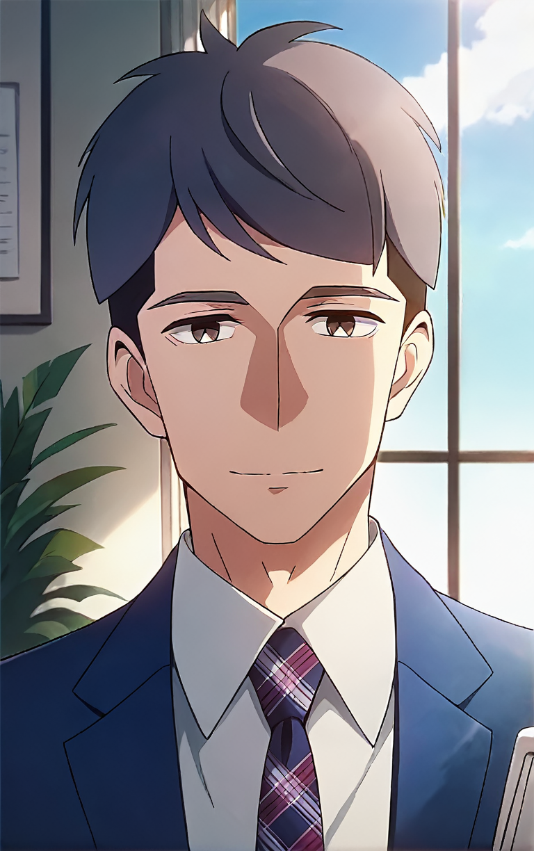 (score_9, score_8_up, score_7_up),(source_anime, best_quality, best_aesthetic, perfect_anatomy),1boy,male_focus,solo,kentaro momose,handsome detailed face,edtailed eyes,black eyes,solid eyes,blue blazer,collared shirt,slim body,skinny,necktie,stylish expression,portrait,office,<lora:Kentaro Momose_PDXL:0.9>,<lora:Anime Style 2 SDXL_LoRA_Pony Diffusion V6 XL:1>,