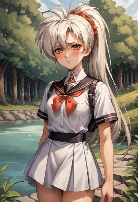 (score_9,score_8_up,score_7_up,source_anime,(masterpiece:1.2),best quality,very aesthetic,public indecency,absurdres),masterpiece,best quality,very aesthetic,fantasy,absurdres,1girl,solo, <lora:luna_p_v1.2:1>,Luna,white hair,ponytail,<lora:Fixhands_anime_bdsqlsz_V1:1>,light_blush,embarrass,lake in the forest, School Uniform, masterpiece,best quality, very aesthetic, absurdres, ultra detailed, high resolution, 4k, extremely detailed CG,