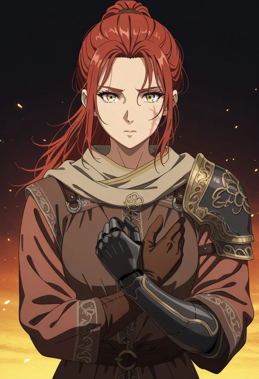 masterpiece, best quality, newest, absurdres, highres, anime, anime style, Vinlandsagastyle-IL.V1.0 1girl, millicent \(elden ring\), yellow eyes, red hair, long hair, ponytail, scar, prosthetic arm, single mechanical arm