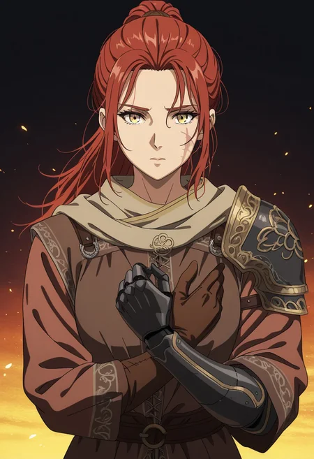 masterpiece, best quality, newest, absurdres, highres, anime, anime style, Vinlandsagastyle-IL.V1.0 1girl, millicent \(elden ring\), yellow eyes, red hair, long hair, ponytail, scar, prosthetic arm, single mechanical arm