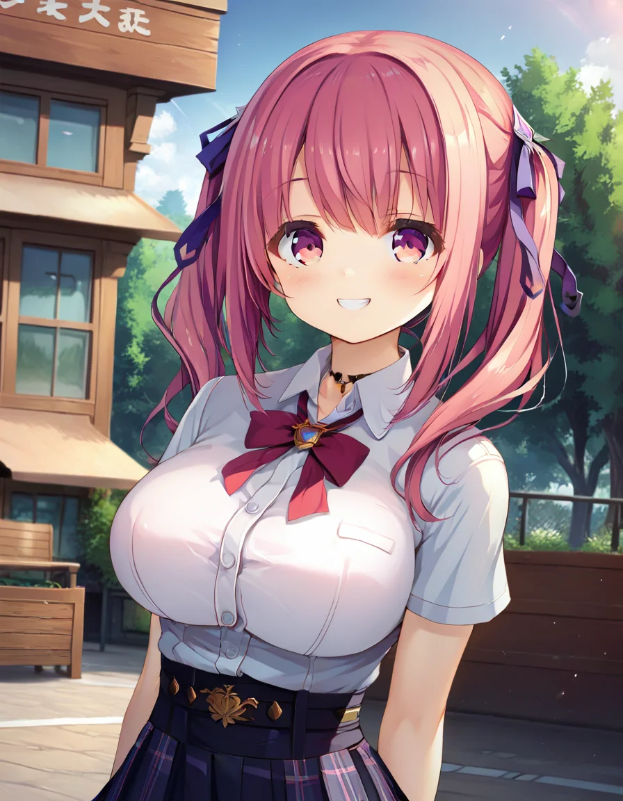 score_9,score_8_up,score_7_up,score_6_up BREAK official art,solo,outdoors,upper body,(portrait:1.5),looking at viewer,facing viewer,smile,blush,Tachibana Charon,long hair,pink hair,twintails,hair ribbon,hair ornament,hair intakes,bangs,pink eyes,collared shirt,white shirt,red neck ribbon,center frills,corset,underbust,large breasts,short sleeves,miniskirt,black skirt,plaid skirt,pleated skirt,frilled skirt,black thighhighs,zettai ryouiki,black footwear,loafers,<lora:Tachibana Charon(ut)-Pony:1.4>,