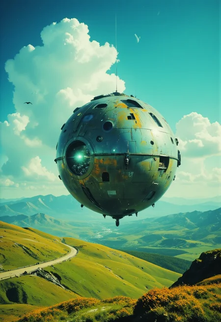a colossal floating orb levitates gracefully above a sunlit flower meadow, its curved surface intricately embedded with arched windows, hanging gardens, and tiny balconies—each a glimpse into cozy living quarters bathed in soft, ambient blue light. The orb shimmers with painterly detail, like a fantastical skyborne village turned inside out. Above, a radiant turquoise-blue firmament stretches endlessly, adorned with translucent, layered clouds—feathery, glowing softly in the daylight like living brushstrokes. The landscape below is gently rolling and enchantingly vivid, dotted with blooming wildflowers and winding paths that disappear into the hills. The orb’s bluish glow creates gentle halos on the grass and petals, blurring the boundary between reality and wonder. Mist lingers lightly across the meadows, catching the light like silk, while birds drift lazily across the sky, passing in and out of the glowing layers of clouds. artilands02
