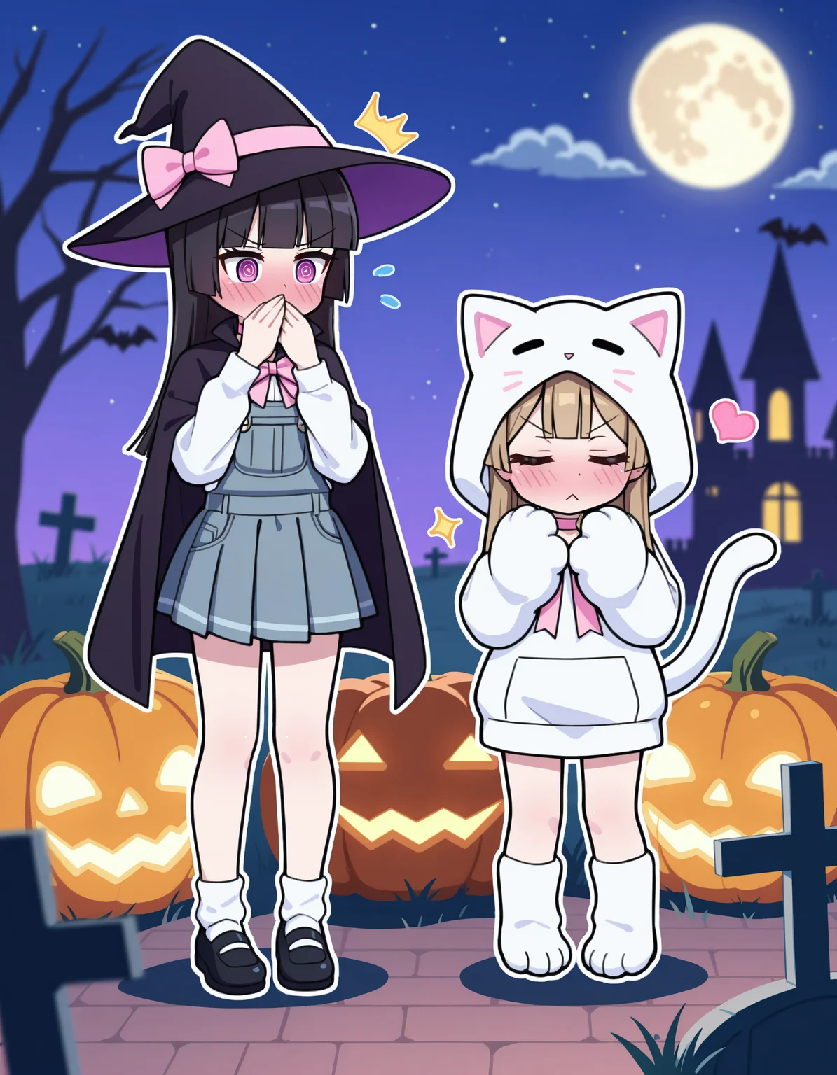long hair, looking at viewer, blush, shirt, skirt, multiple girls, brown hair, black hair, long sleeves, gloves, hat, holding, bow, animal ears, closed mouth, 2girls, standing, school uniform, purple eyes, tail, white shirt, full body, closed eyes, heart, outdoors, pleated skirt, sky, shoes, choker, socks, hood, black skirt, cat ears, blunt bangs, pink eyes, miniskirt, black footwear, blurry, cape, red bow, tree, hands up, v-shaped eyebrows, cat tail, black headwear, sparkle, fake animal ears, hoodie, night, witch hat, embarrassed, white socks, moon, cross, pink bow, ^^^, night sky, cloak, grey skirt, hood up, :<, full moon, outline, halloween, animal hands, @ @, fake tail, animal hood, covering own mouth, black cape, wand, white outline, jack-o'-lantern, witch, overalls, hand to own mouth, halloween costume, animal costume, paw gloves, bat \(animal\), pumpkin, blunt ends, white hoodie, bare tree, pink choker, holding wand, castle, cat paws, cat hood, tombstone, graveyard
rating safe, alice99narumi,
masterpiece, best quality, amazing quality, highres, newest,  <lora:alice99narumi_v2:1.0>