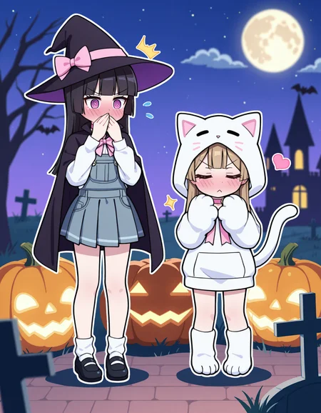 long hair, looking at viewer, blush, shirt, skirt, multiple girls, brown hair, black hair, long sleeves, gloves, hat, holding, bow, animal ears, closed mouth, 2girls, standing, school uniform, purple eyes, tail, white shirt, full body, closed eyes, heart, outdoors, pleated skirt, sky, shoes, choker, socks, hood, black skirt, cat ears, blunt bangs, pink eyes, miniskirt, black footwear, blurry, cape, red bow, tree, hands up, v-shaped eyebrows, cat tail, black headwear, sparkle, fake animal ears, hoodie, night, witch hat, embarrassed, white socks, moon, cross, pink bow, ^^^, night sky, cloak, grey skirt, hood up, :<, full moon, outline, halloween, animal hands, @ @, fake tail, animal hood, covering own mouth, black cape, wand, white outline, jack-o'-lantern, witch, overalls, hand to own mouth, halloween costume, animal costume, paw gloves, bat \(animal\), pumpkin, blunt ends, white hoodie, bare tree, pink choker, holding wand, castle, cat paws, cat hood, tombstone, graveyard
rating safe, alice99narumi,
masterpiece, best quality, amazing quality, highres, newest, <lora:alice99narumi_v2:1.0>