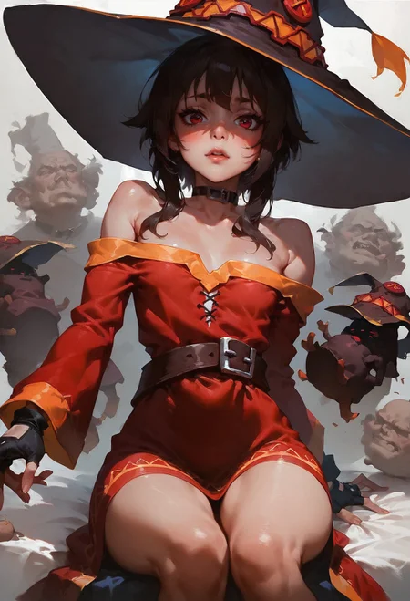 score_9, score_8_up, score_7_up, Slim girl, tiny breasts, narrow waist, wide hips, skinny, tiny, miniscule, petite, small arms, small legs, small body, megumin, bare shoulders, black gloves, black hair, blush, choker, collarbone, dress, fingerless gloves, gloves, hair between eyes, hat, long sleeves, medium hair, off-shoulder dress, off shoulder, red dress, red eyes, sidelocks, witch hat, 1girl, delicate and smooth skin, blush, perfect body, thighs, highly detailed, glossy lips, <lora:Concept Art DarkSide Style LoRA_Pony XL v6:0.8> concept art, <lora:GwentStyle_v2:0.6> gwentstyle <lora:Expressive_H-000001:0.8> expressiveh