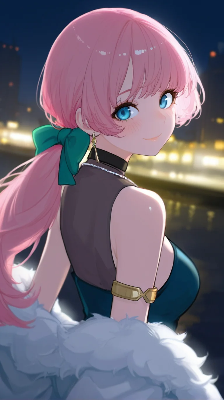 1girl, solo, long_hair, breasts, looking_at_viewer, blush, smile, bangs, blue_eyes, bow, bare_shoulders, jewelry, medium_breasts, closed_mouth, jacket, upper_body, ponytail, pink_hair, hair_bow, earrings, outdoors, sleeveless, choker, looking_back, necklace, off_shoulder, blurry, coat, fur_trim, night, blurry_background, armlet, low_ponytail, green_bow, fur_coat