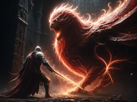 knight fighting a huge ghost made of red mad-wsps in dark dungeon, shield and sword, Bosstyle, dynamic pose, cinematic shot, dramatic lighting <lora:Wisps_of_Light_SDXL:0.7> <lora:XL_boss_battle:0.8> 0.6>, masterpiece, best quality, ultra high res, (photorealistic, realistic:1.2), deep shadow, raw photo, film grain, Fujifilm XT3, 8k uhd, dslr