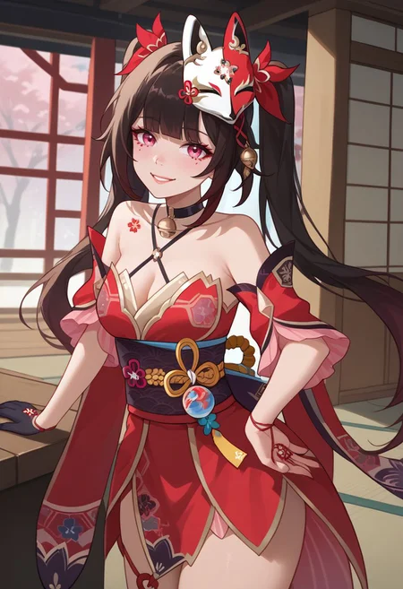 score_9, score_8_up, score_7_up, source_anime, 1girl, sparkledef, pink eyes, long hair, twintails, fox mask, mask on head, bell, black choker, bare shoulders, flower tattoo, criss-cross halter, detached sleeves, red dress, japanese clothes, obi, black sash, black gloves, single glove, thigh strap, standing, smile, looking at viewer, indoors, shrine, close-up, facing viewer, hands on hips, leaning forward, bent over, <lora:Sparkle_v1-000010:1>