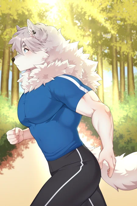 masterpiece, best quality, amazing quality, very aesthetic, high resolution, ultra-detailed, absurdres, newest, scenery, depth of field, scenery, volumetric lighting, by cherrikissu, apollo, wolf, canid, canine, canis, black nose, blue eyes, curled tail, ear piercing, eyebrows, fluffy, fluffy hair, grey hair, grey fur, white fur, muscular male, large pectorals, 1boy, solo, animal ears, outdoors, trees, plant, running, blue shirt, black pants, sportswear, viewed from side, cowboy shot, movement lines