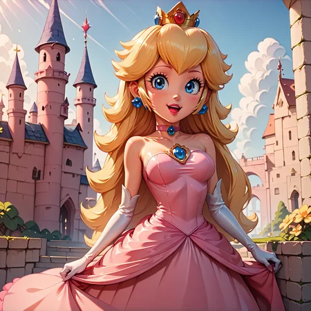 score_4,score_5,score_6,score_7_up,score_8_up,score_9 BREAK 1girl,solo,jewelry,earrings,long hair,breasts,very long hair,big hair,choker,dress,medium breasts,bare shoulders,:d,outdoors,smile,open mouth,<lora:Princess_Peach_Shiny_Style_V2:0.8>,shiny,shiny skin,princess peach,castle,
