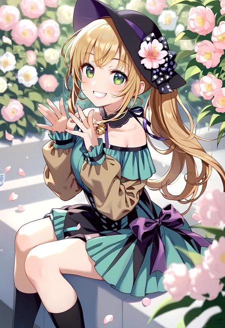 score_9,score_8_up,score_7_up,<lora:PDFA_Style8356194477-000450:1>,1girl,solo,bangs,blush,smile,looking at viewer,indoors,:d,animal,bell,black bow,black dress,black footwear,black headwear,black ribbon,black socks,blonde hair,blurry,blurry foreground,bow,brown hair,brown shirt,bug,butterfly,closed mouth,depth of field,dress shirt,dress,fang,fingernails,flower,green dress,green eyes,grin,hands up,hat,hat flower,long hair,long sleeves,off shoulder,off-shoulder dress,open mouth,outdoors,petals,pink flower,ponytail,puffy long sleeves,puffy sleeves,purple ribbon,ribbon,shirt,sitting,sleeves past wrists,socks,very long hair,white flower,white ribbon