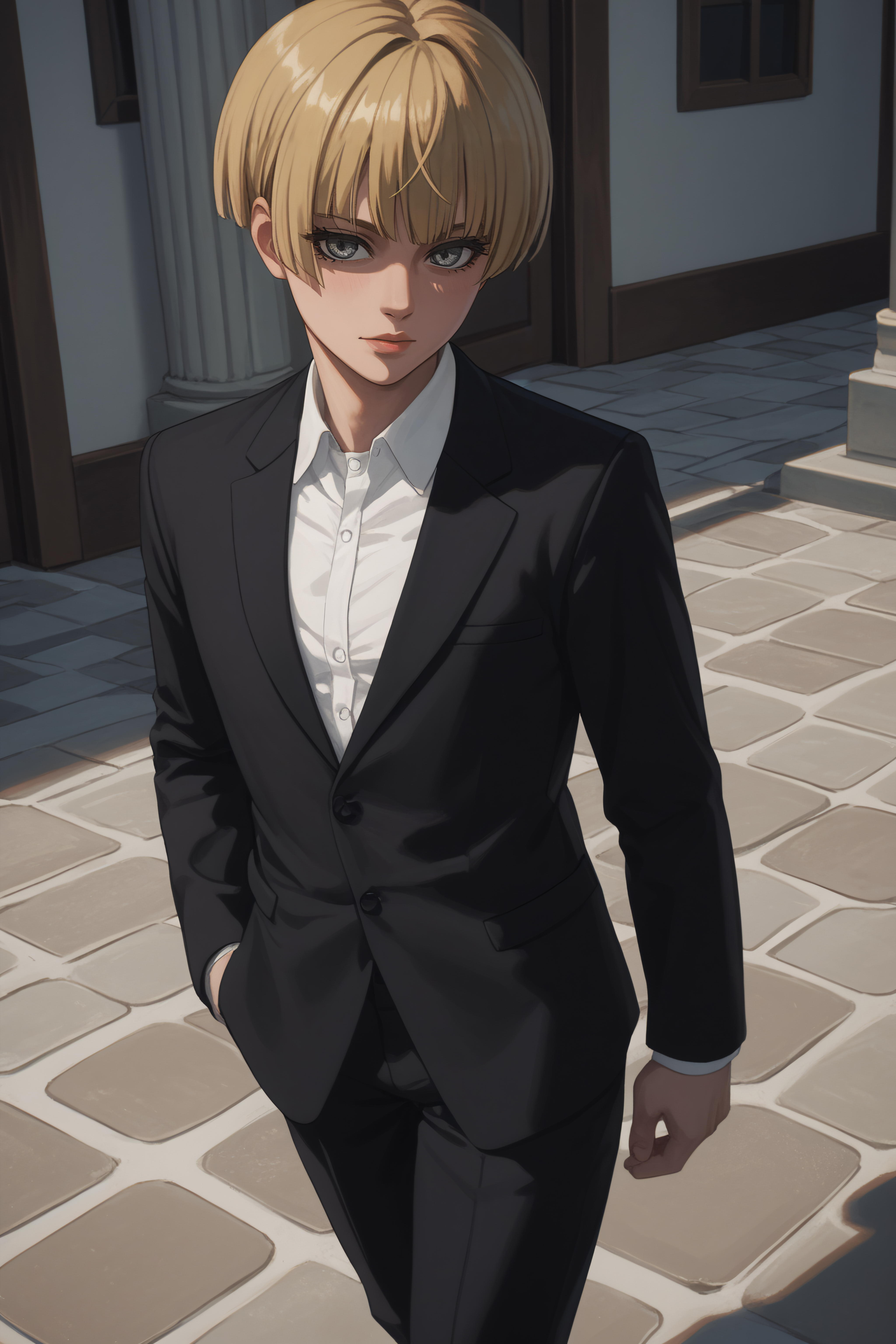 score_9, score_8_up, score_7_up, BREAK source_anime, <lora:Yelena-PonyXL-lora-Faxtron:0.8> yelena, grey eyes, blonde hair, white shirt, black suit, long sleeves,