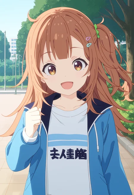 <lora:Shinon Ogawa-000038:1>,
Shinon Ogawa,1girl,solo,outdoors,hair ornament,smile,looking at viewer,open mouth,jacket,shirt,tree,white shirt,one side up,blue jacket,long sleeves,:d,park