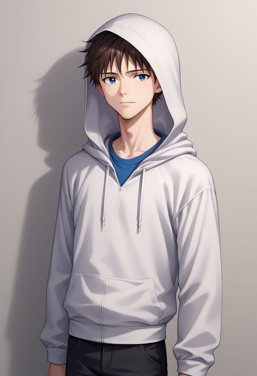 score_9, score_8_up, source_anime, highly detailed, 1boy, solo, male_focus, skinny,
shinji, 1boy, male focus, solo, blue eyes, brown hair, hoodie, hood, hood up, black pants, 
indoor,