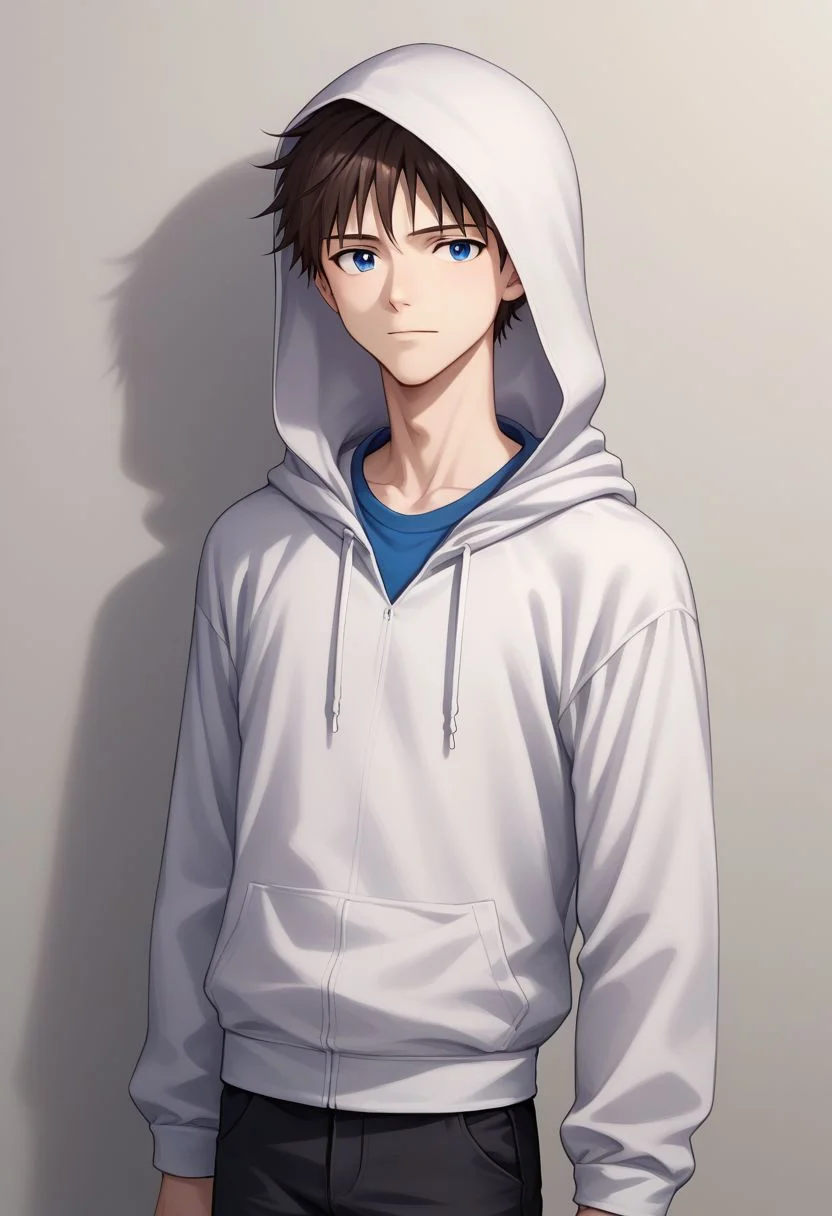 score_9, score_8_up, source_anime, highly detailed, 1boy, solo, male_focus, skinny,
shinji, 1boy, male focus, solo, blue eyes, brown hair, hoodie, hood, hood up, black pants, 
indoor,