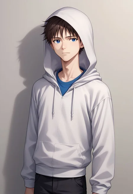 score_9, score_8_up, source_anime, highly detailed, 1boy, solo, male_focus, skinny,
shinji, 1boy, male focus, solo, blue eyes, brown hair, hoodie, hood, hood up, black pants,
indoor,