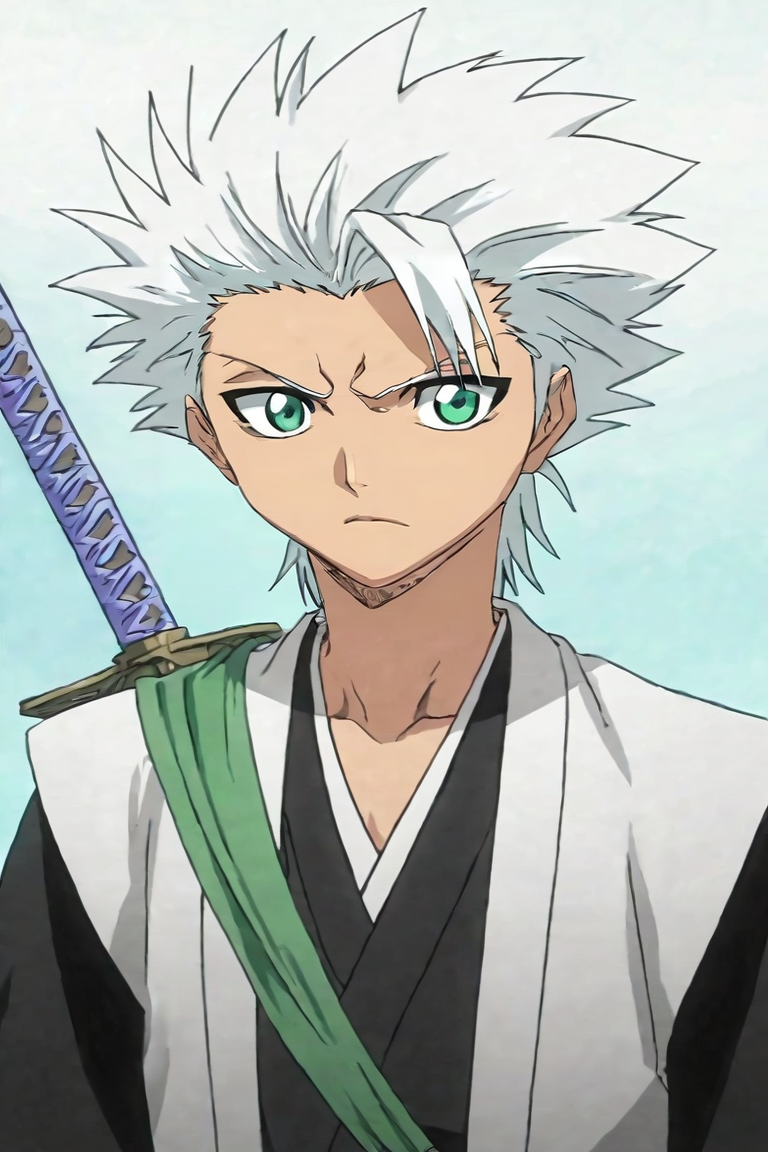 score_9, score_8_up, score_7_up, score_6_up, score_5_up, score_4_up, BREAK source_anime, anime screencap, , , , upper body, , 1boy, solo, male focus, <lora:toushirou_hitsugaya_pony:0.92>, toushirou_hitsugaya, white hair, green eyes, spiked hair, japanese clothes, sword, haori, , , , <lora:sdxl_lightning_8step_lora:1>