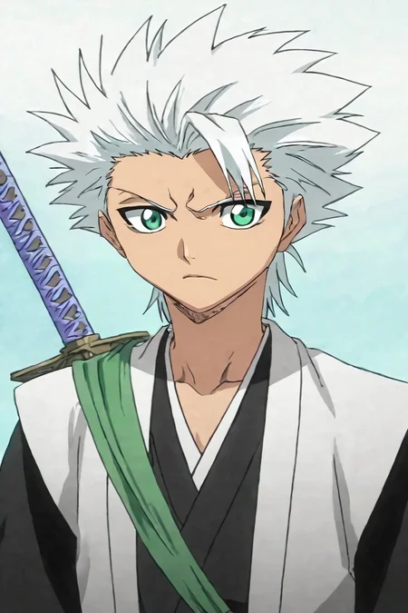 score_9, score_8_up, score_7_up, score_6_up, score_5_up, score_4_up, BREAK source_anime, anime screencap, , , , upper body, , 1boy, solo, male focus, <lora:toushirou_hitsugaya_pony:0.92>, toushirou_hitsugaya, white hair, green eyes, spiked hair, japanese clothes, sword, haori, , , , <lora:sdxl_lightning_8step_lora:1>