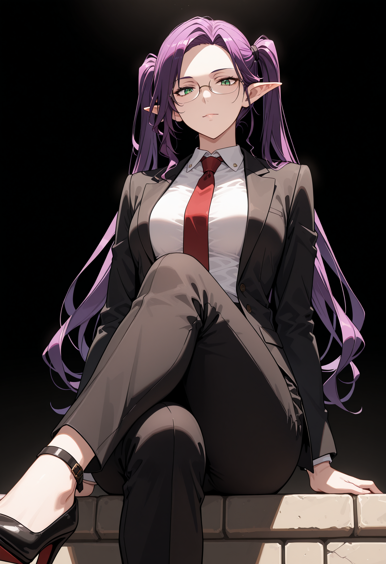 masterpiece, best quality, highly detailed, ultra-realistic, score_9, score_8_up, score_7_up, score_6_up,
1woman, solo, sporty female, mature girl, big woman, warrior women,  Imina, slim, elf, twintails, long face, nice skin, long hair, purple hair, green eyes, looking at viewer, medium breasts,
aesthetic, strict suit, white shirt, red tie, buisnesswoman, sits with legs crossed, narrow glasses, (view from below), high heels, classy, elegant, stylish, 
tall woman, nice hips, detailed eyes, detailed face, empty hands, (cowboy shot),
fit, toned, stands proudly, outdoors, (black background:1.3, tense atmosphere), <lora:Imina_Overlord:1.5>