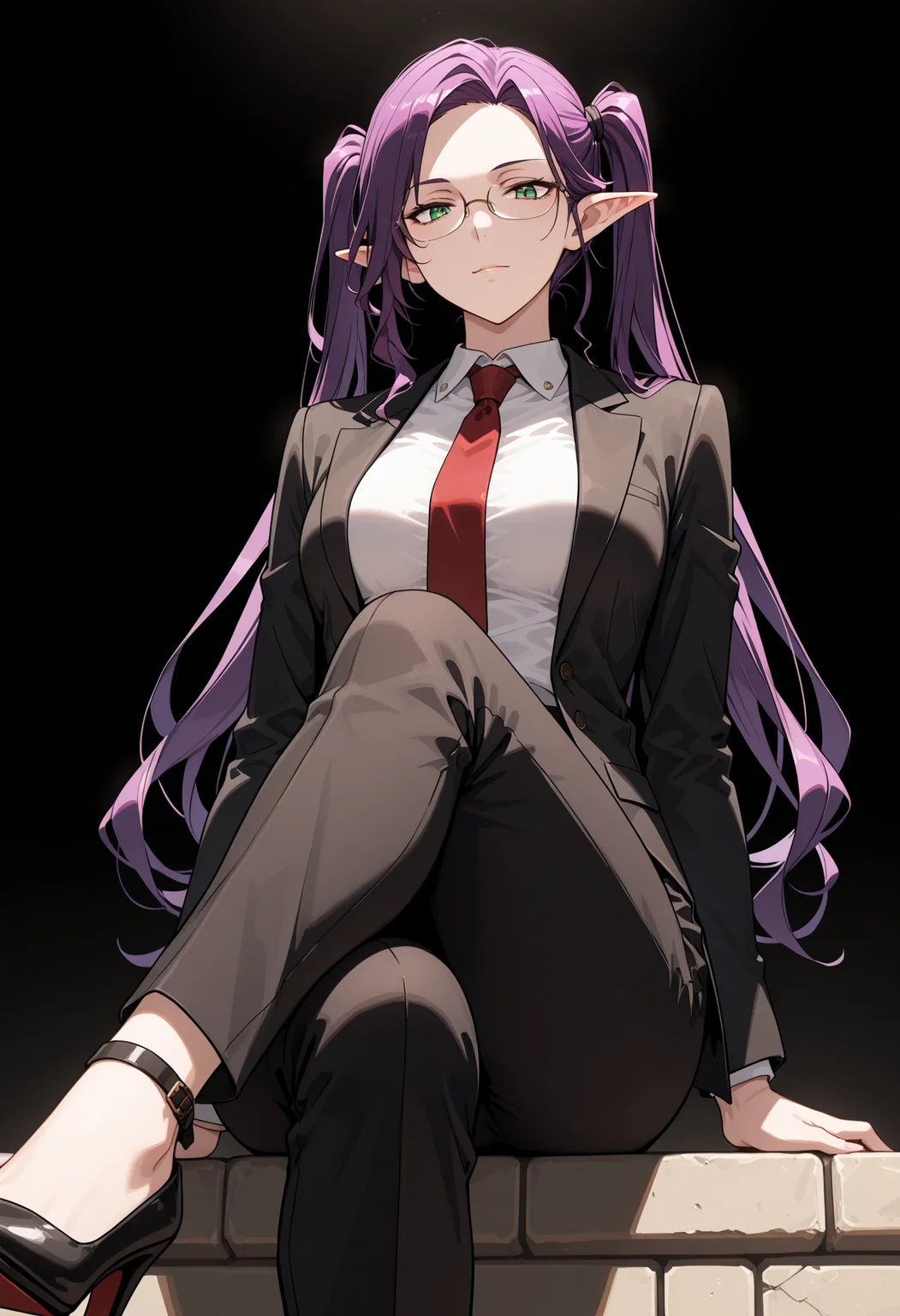masterpiece, best quality, highly detailed, ultra-realistic, score_9, score_8_up, score_7_up, score_6_up,
1woman, solo, sporty female, mature girl, big woman, warrior women, Imina, slim, elf, twintails, long face, nice skin, long hair, purple hair, green eyes, looking at viewer, medium breasts,
aesthetic, strict suit, white shirt, red tie, buisnesswoman, sits with legs crossed, narrow glasses, (view from below), high heels, classy, elegant, stylish,
tall woman, nice hips, detailed eyes, detailed face, empty hands, (cowboy shot),
fit, toned, stands proudly, outdoors, (black background:1.3, tense atmosphere), <lora:Imina_Overlord:1.5>