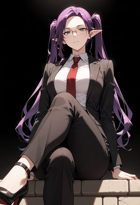 masterpiece, best quality, highly detailed, ultra-realistic, score_9, score_8_up, score_7_up, score_6_up,
1woman, solo, sporty female, mature girl, big woman, warrior women, Imina, slim, elf, twintails, long face, nice skin, long hair, purple hair, green eyes, looking at viewer, medium breasts,
aesthetic, strict suit, white shirt, red tie, buisnesswoman, sits with legs crossed, narrow glasses, (view from below), high heels, classy, elegant, stylish,
tall woman, nice hips, detailed eyes, detailed face, empty hands, (cowboy shot),
fit, toned, stands proudly, outdoors, (black background:1.3, tense atmosphere), <lora:Imina_Overlord:1.5>