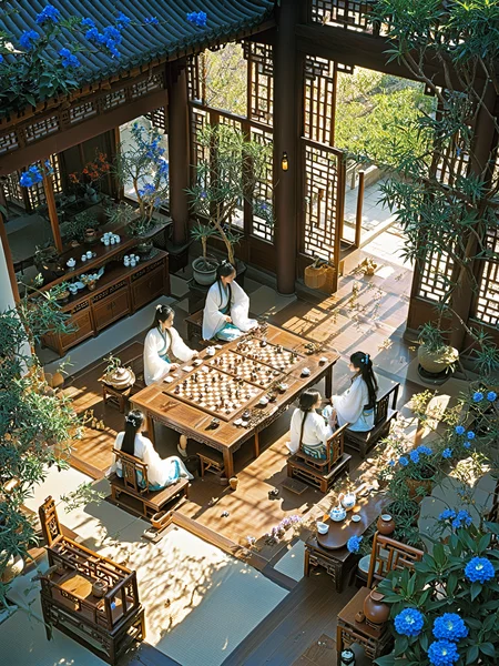 chaloujiusi,scenery,sitting,architecture,plant,flower,lattice,tree,window,table,east asian architecture,long hair,black hair,wooden floor,scroll,multiple girls,multiple boys,potted plant,teapot,board game,book,indoors,sunlight,lantern,chair,garden,day,short hair,blue flower,vase,cup,chinese_hanfu_clothes,