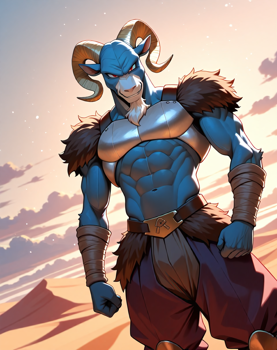 <lora:Moro_2nd_Form_(Dragonball_Z)_(Illustrious)_(AD):1.15> Moro, muscular, goat,
dutch angle, exterior, desert, sky with detailed clouds,
male focus, gradient coloring, solo, cowboy shot, bent leg, perfect proportions, goat head, blue body, soft shading, evil smirk, old, wrinkles, white beard, brown fur shoulders, brown fur waist, white chest armor, 
BREAK very awe, aesthetically pleasing, masterpiece, best quality, amazing quality, very aesthetic, perfect depth of field shot, in'ei, furry_art, source_furry, source_anime,
EZRealPONYXL, zPDXL, Smooth Quality, lazympos, IllustQualXL_Pos,