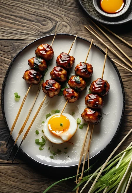 Yakitori Tsukune (Chicken Meatball Skewers), Juicy and Perfectly Grilled with a Shiny Glaze, Plated with a Small Dish of Raw Egg Yolk for Dipping, Minimalist Composition on a Rustic Wooden Board, Capturing the Rich, Charred Aroma of Japanese Grilled Skewers
