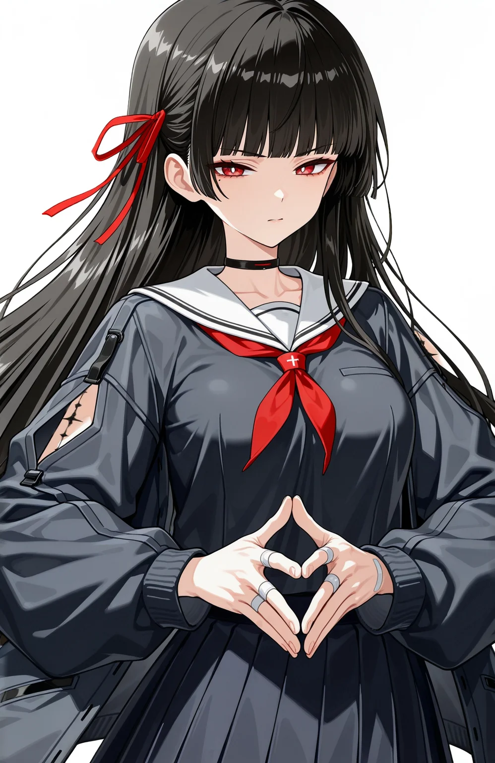 (1girl,solo:1.3),(black hair,straight_hair,white_pupils,mole under eye,mole,red eyes,long hair,large_breasts),half-closed eyes,cowboy shot,black_serafuku,black choker,red light on choker,white sailor_collar,red_ribbon,hair_ribbon,(tacet_mark_\(wuthering_waves\),body_markings,mark on arm,upper body,own_hands_together,straight-on),grey jacket,bandaged_fingers,white bandaid,arm_cutout,torn clothes,
(white_background,simple_background:1.4)