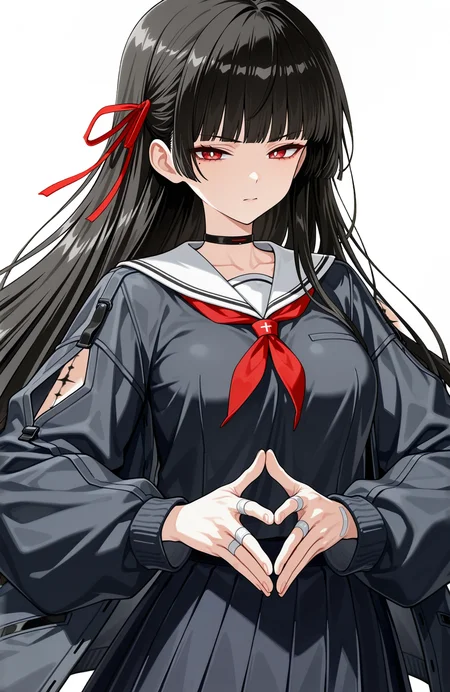 (1girl,solo:1.3),(black hair,straight_hair,white_pupils,mole under eye,mole,red eyes,long hair,large_breasts),half-closed eyes,cowboy shot,black_serafuku,black choker,red light on choker,white sailor_collar,red_ribbon,hair_ribbon,(tacet_mark_\(wuthering_waves\),body_markings,mark on arm,upper body,own_hands_together,straight-on),grey jacket,bandaged_fingers,white bandaid,arm_cutout,torn clothes,
(white_background,simple_background:1.4)