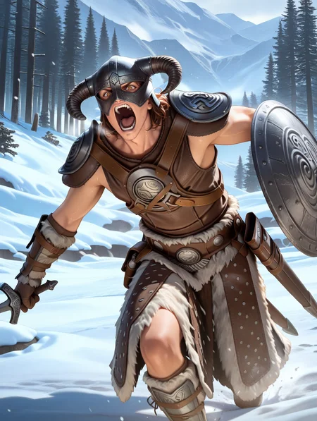 realistic,dovahkiin armor,solo,1boy,shield,horned helmet,male focus,sword,snow,open mouth,shoulder armor,sheath,brown gauntlets,shouting, the elder scrolls v: skyrim,
masterpiece,best quality,amazing quality,very aesthetic,absurdres,newest,<lora:Dovahkiin illuXL v1:0.78>,