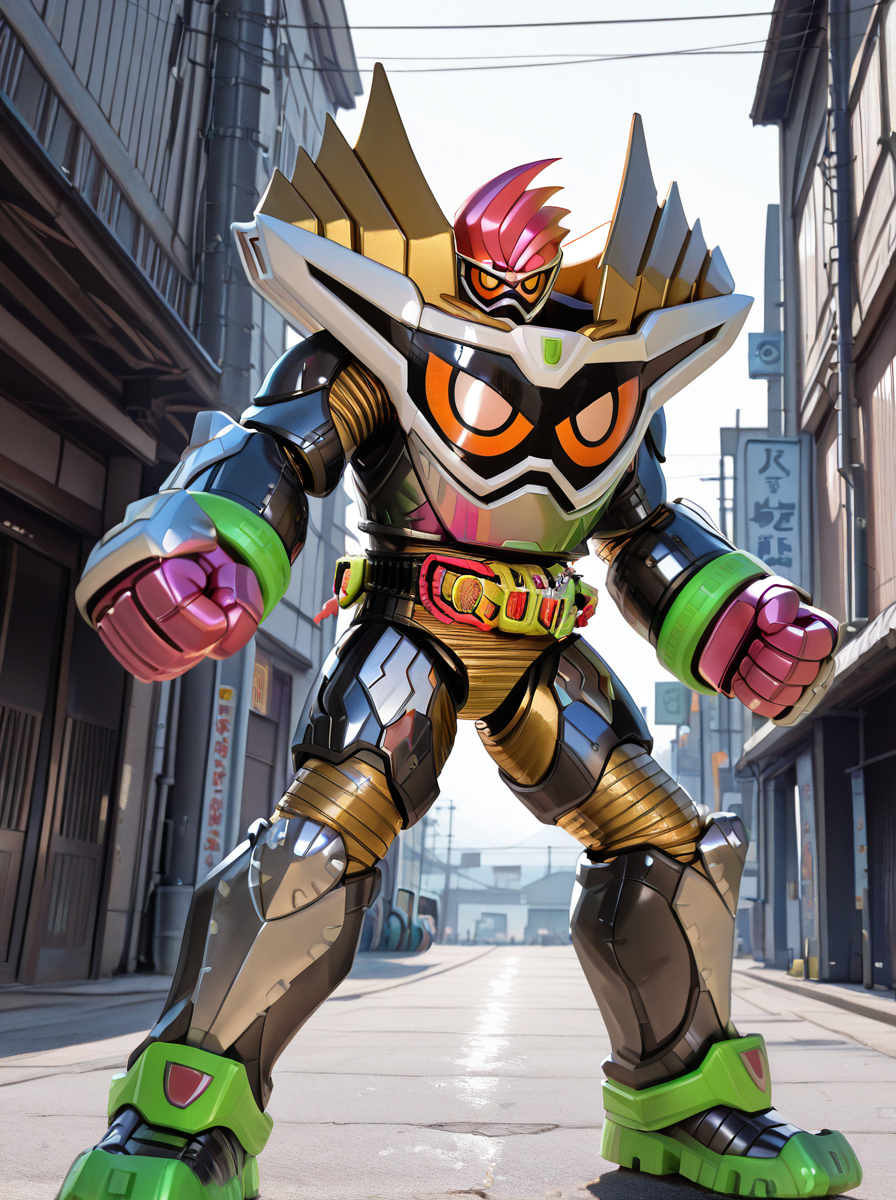 masterpiece, best quality, amazing quality, very aesthetic, absurdres, newest,shiny skin,    <lora:exaid99:1>exaid99, armor, 1boy, clenched hands, tokusatsu, looking at viewer, standing, robot, orange eyes, helmet fighting stance,