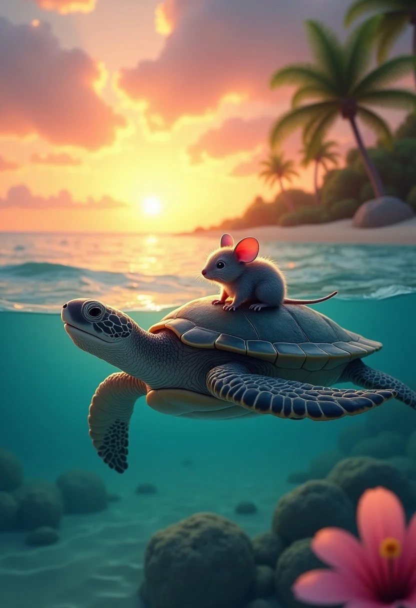 masterpiece, an extremely delicate and beautiful, extremely detailed, 2k wallpaper, Amazing, finely detail, extremely detailed CG unity 8k wallpaper, ultra-detailed, highres, 
a turtle swims in the sea. There is a little mouse sitting on the turtle. in the evening. sunset. beach. palm trees. flowers. focus on turtle. Cute. Verry cute.
cinematic lighting, extrem detailed background, breathtaking background, background dreamlike, perfect composition of colors, sparkling, mysterious, ,