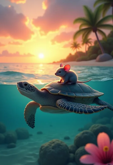 masterpiece, an extremely delicate and beautiful, extremely detailed, 2k wallpaper, Amazing, finely detail, extremely detailed CG unity 8k wallpaper, ultra-detailed, highres,
a turtle swims in the sea. There is a little mouse sitting on the turtle. in the evening. sunset. beach. palm trees. flowers. focus on turtle. Cute. Verry cute.
cinematic lighting, extrem detailed background, breathtaking background, background dreamlike, perfect composition of colors, sparkling, mysterious, ,