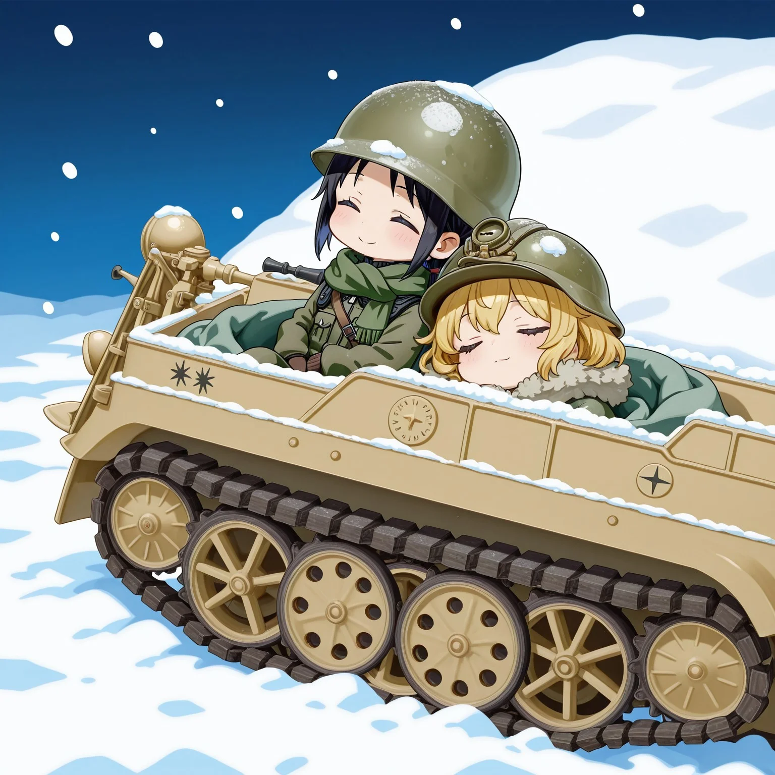 score_9,score_8_up,score_7_up,source_cartoon,masterpiece,best quality,detailed digital illustratio,zPDXL3,<lora:kettenkrad-000023:1>,kettenkrad,snow,snowing,night,last tour,
2girls,sitting inside kettenkrad,Chito \(girl's last tour\),black short hair,olive drab colored helmet,smile,olive drab cold weather military uniform with fur around the neck,chibi,
2girls,sitting on rear sheat,Yuuri \(girl's last tour\),blonde,short hair,fluffy hair,olive drab colored helmet,,olive drab cold weather military uniform with fur around the neck,closed eyes,chibi, kettenkrad, sleeping, wrapped in warm blanket, large blanket, leaning against each other, (cuddling)