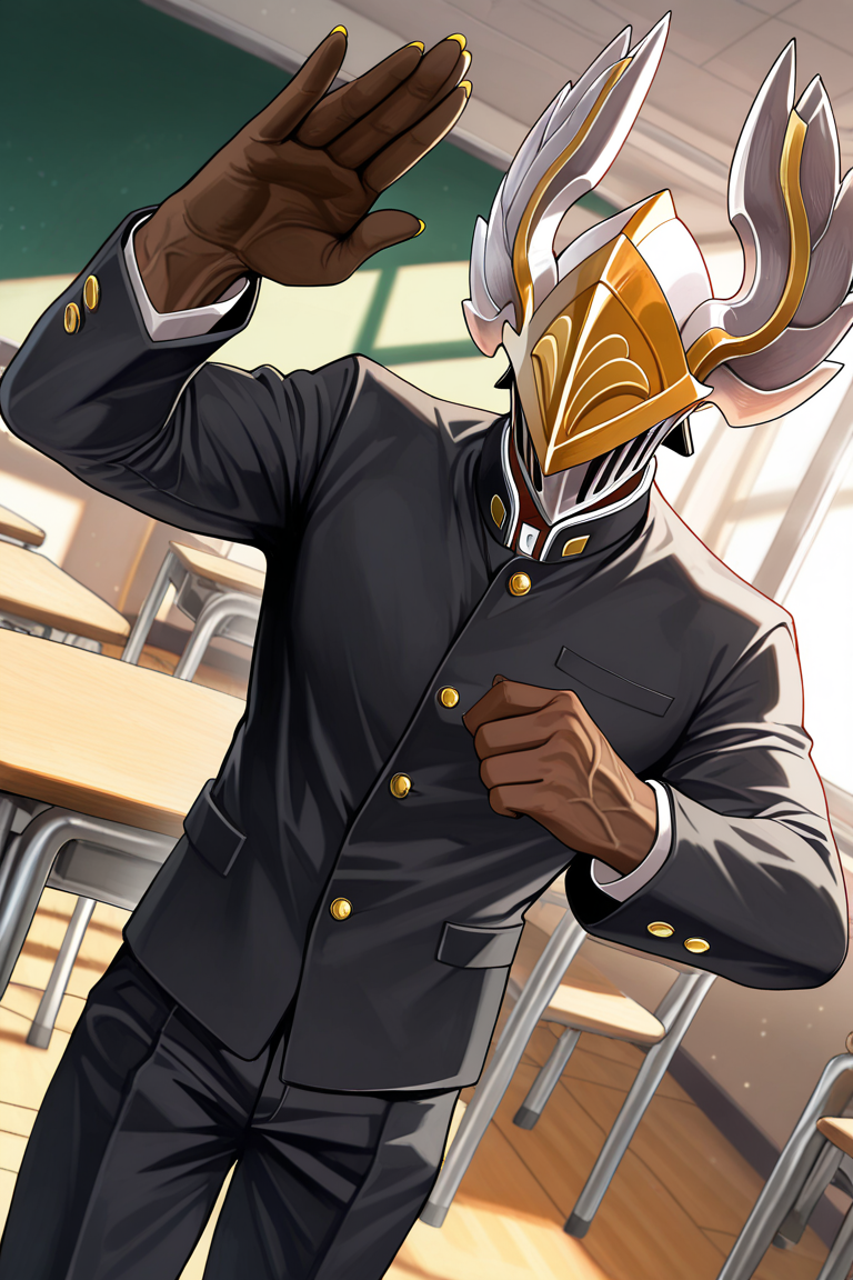 realistic shading, natural lighting, helmetted black-skinned male focus, argusld, grey-yellow_argusld_winged helmet, 1helmetted male, pokemon (creature), covered eyes, high five, confident pose, yellow fingernails, arm veins, school uniform cosplay, gakuran, glowing, shadow, day indoors classroom, chalkboard, foreshortening, dutch angle, dynamic angle, dynamic action, intricately detailed illustration, cinematic, depth of field, atmospheric perspective, masterpiece, best quality, amazing quality, very aesthetic, absurdres, newest