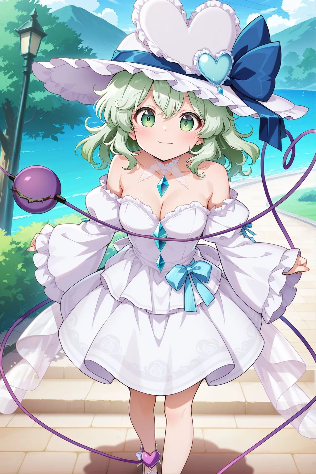 absurdres, highres, masterpiece, best quality, amazing quality, official anime artwork, screencap, anime screencap, outdoors, looking at viewer, light smile, dynamic pose, standing,
<lora:Komeiji-Koishi_IllustriousV2:1> komeiji koishi, 1girl, solo, green eyes, green hair, medium hair, third eye, heart of string,, komeiji koishi \(white darkness of the earth's core\), alternate costume, white hat, frilled hat, hat ribbon, blue ribbon, heart hat ornament, cleavage, wedding dress, white dress, off-shoulder dress, frilled dress, diamond button, chain, wide sleeves, white footwear, white shoes,